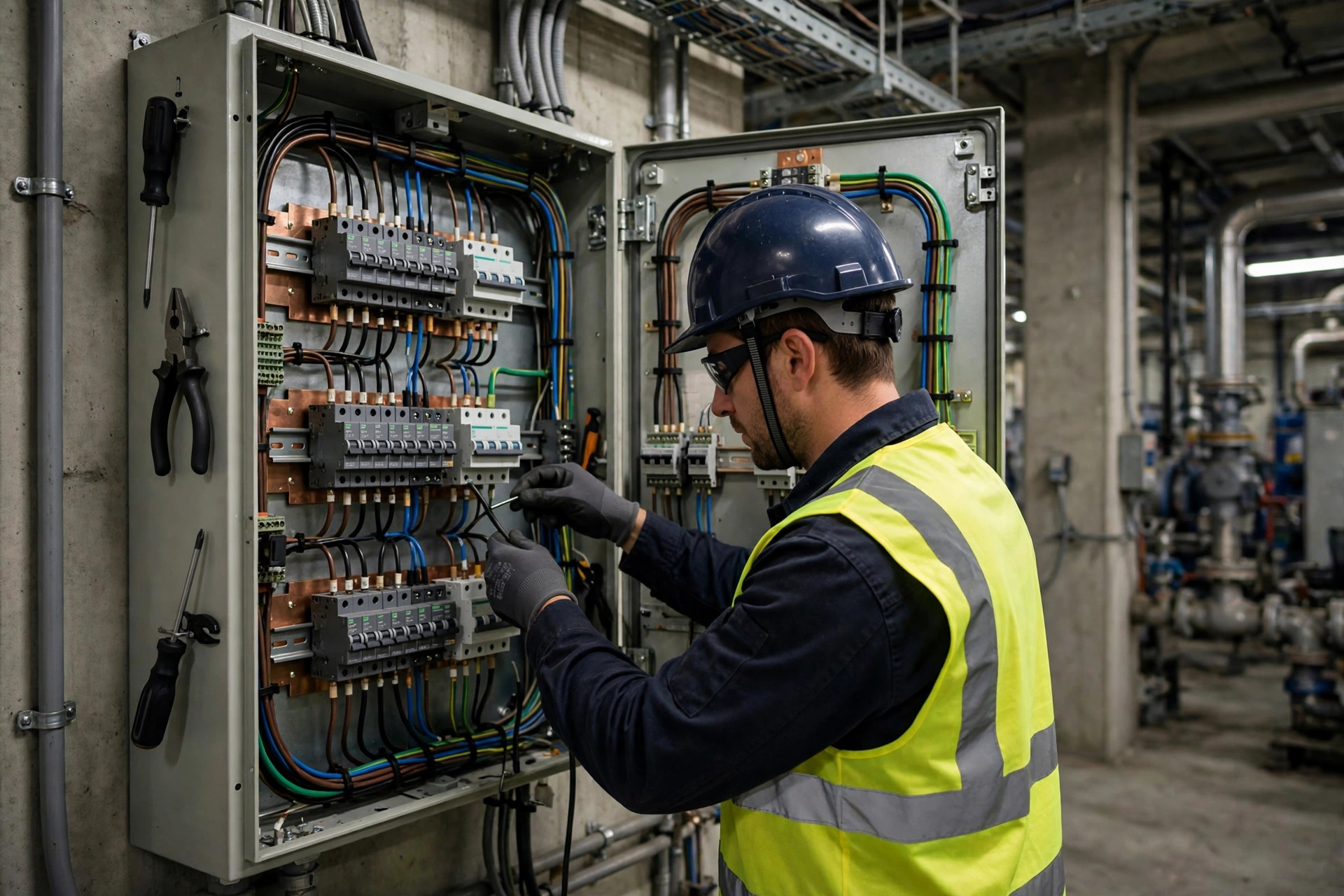 Electrician wiring balanced circuits in a three-phase distribution panel