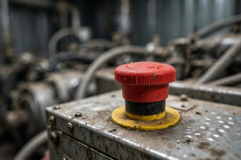 A red mushroom-head emergency stop button on a diesel generator control panel — the safety device most owners have never tested