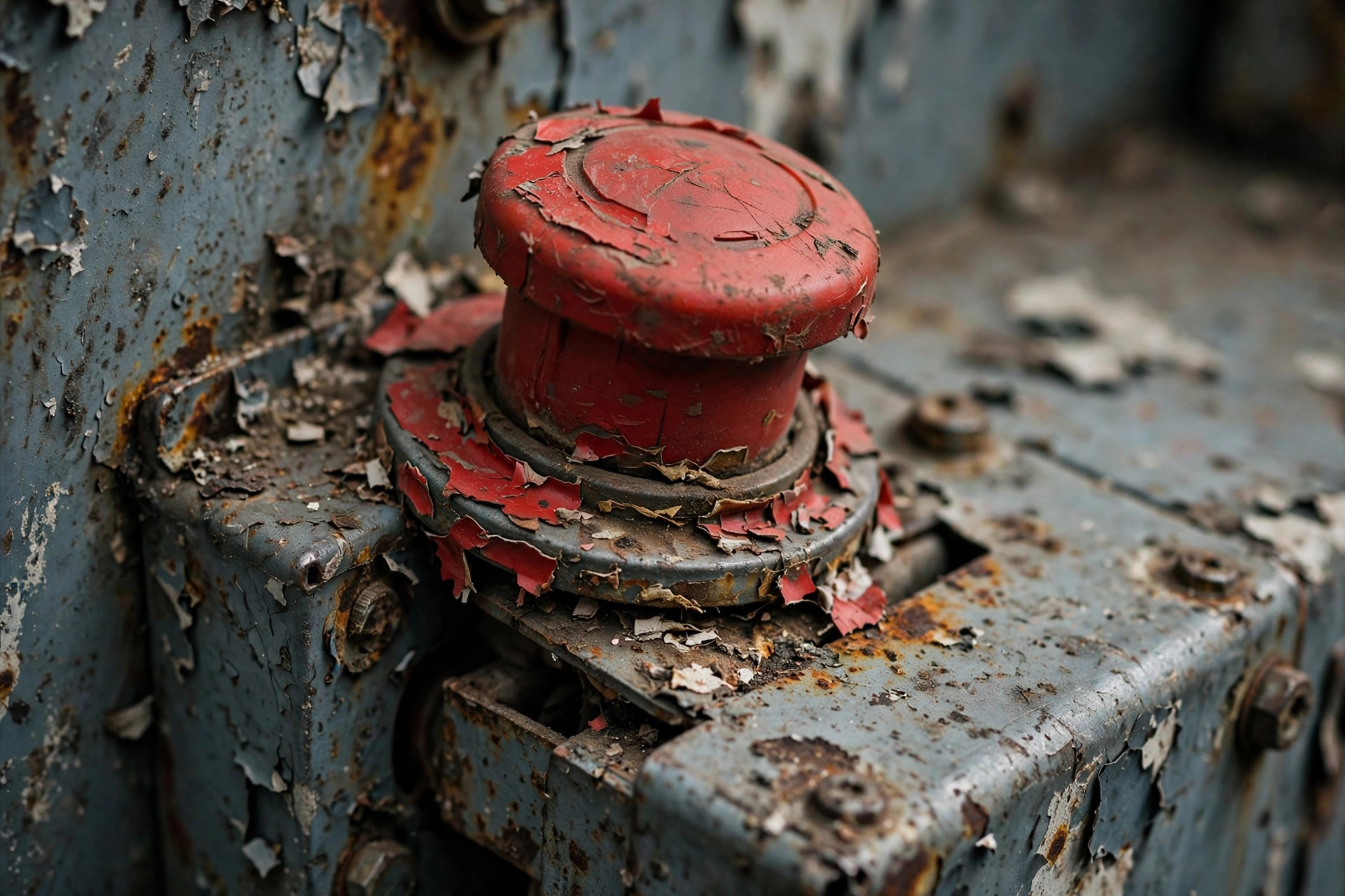 A latched emergency stop button with old paint seeped into the mechanism — it clicks and latches, but the contacts inside never break
