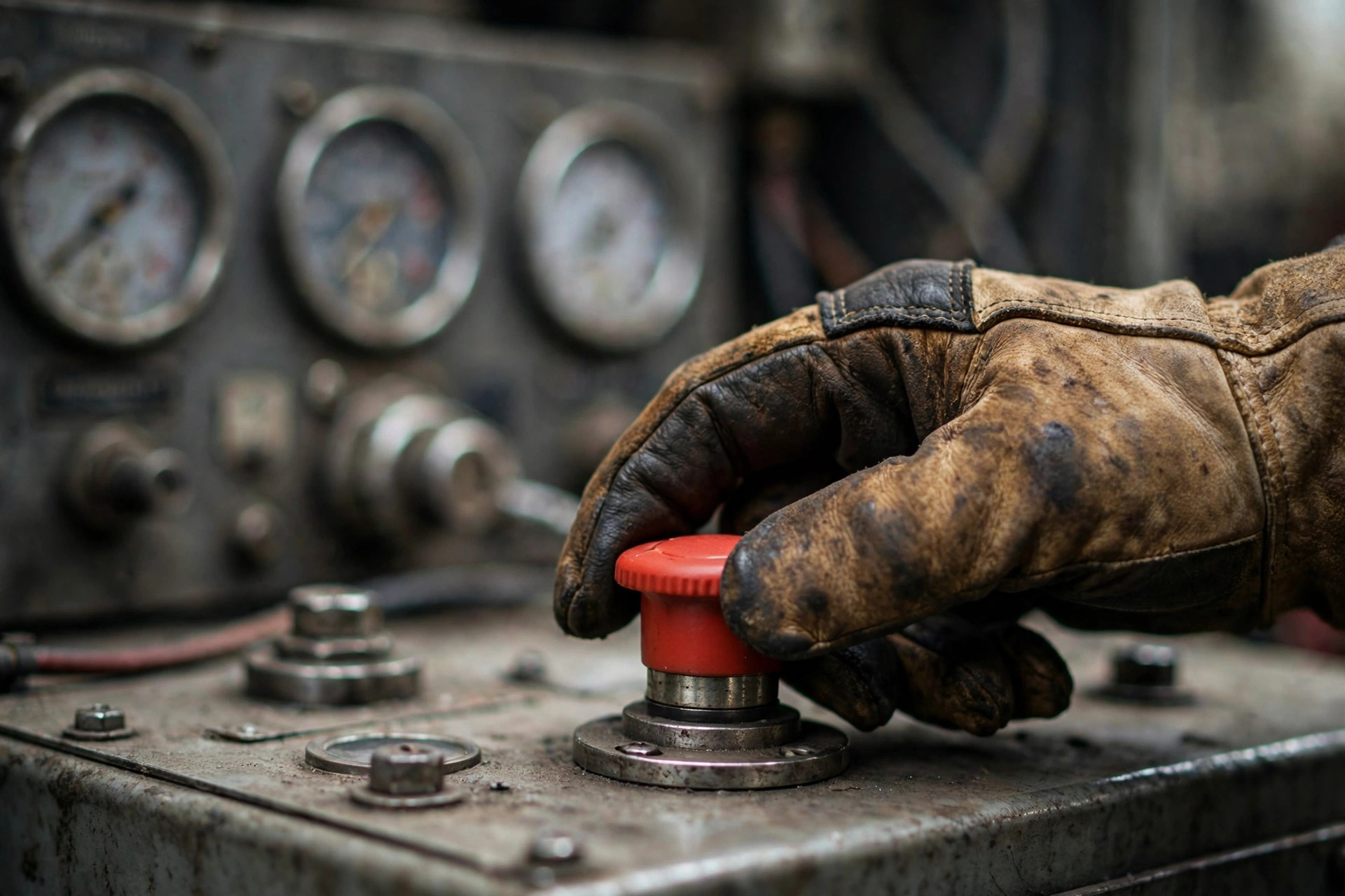 A technician's gloved hand twisting a latched emergency stop to reset it before restarting the diesel generator