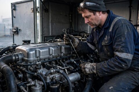 A maintenance technician checking the oil dipstick on an industrial diesel generator engine