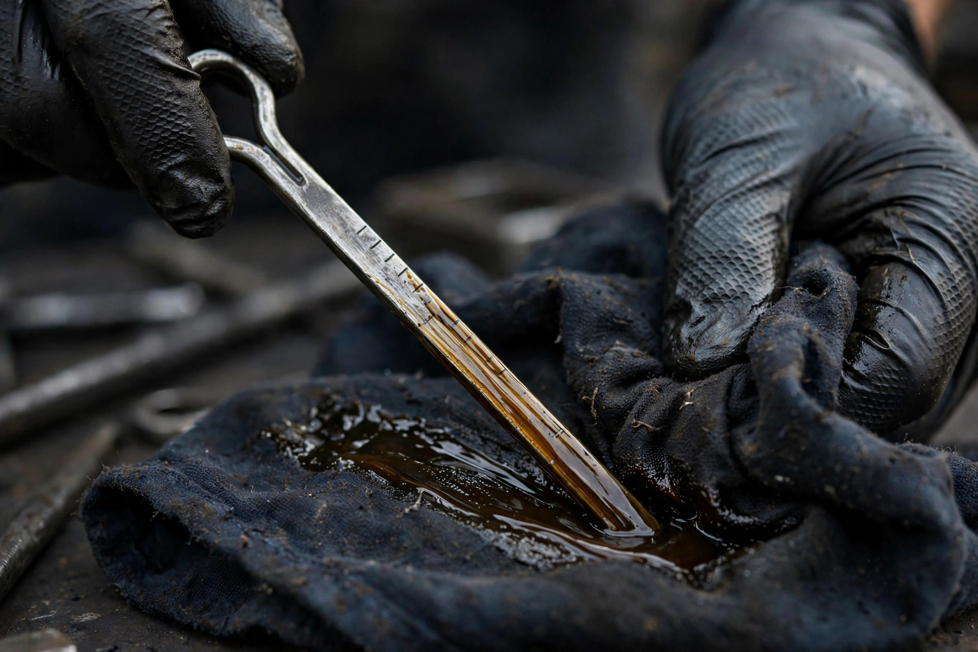 A gloved hand wiping an oil dipstick on a shop rag to check engine oil level