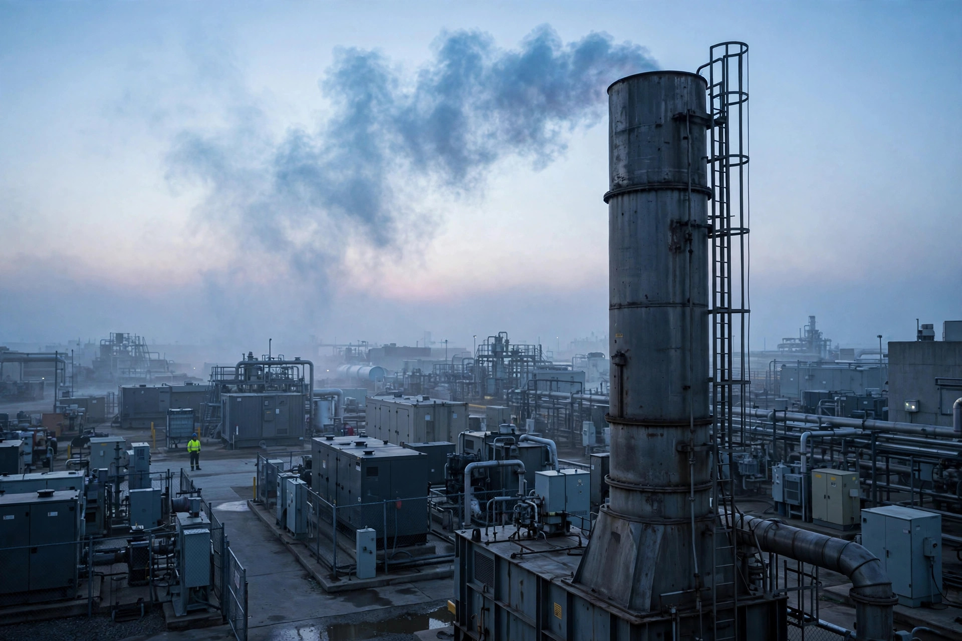 Blue-tinted exhaust smoke rising from an industrial exhaust stack at dawn &mdash; a classic sign of oil burning in a diesel engine