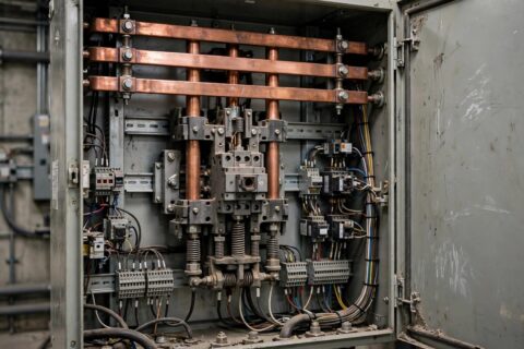 An open automatic transfer switch cabinet showing the large contactor mechanism and bus bars in an industrial electrical room