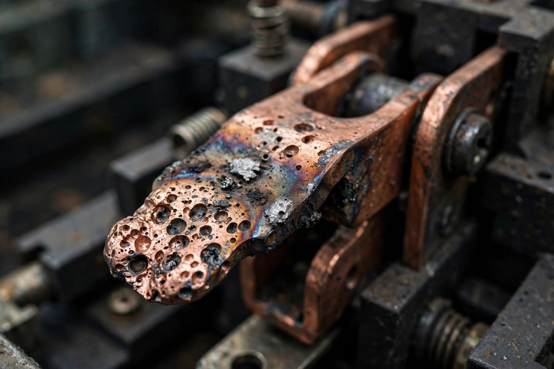 Close-up of pitted and discolored electrical switch contacts damaged by years of load switching
