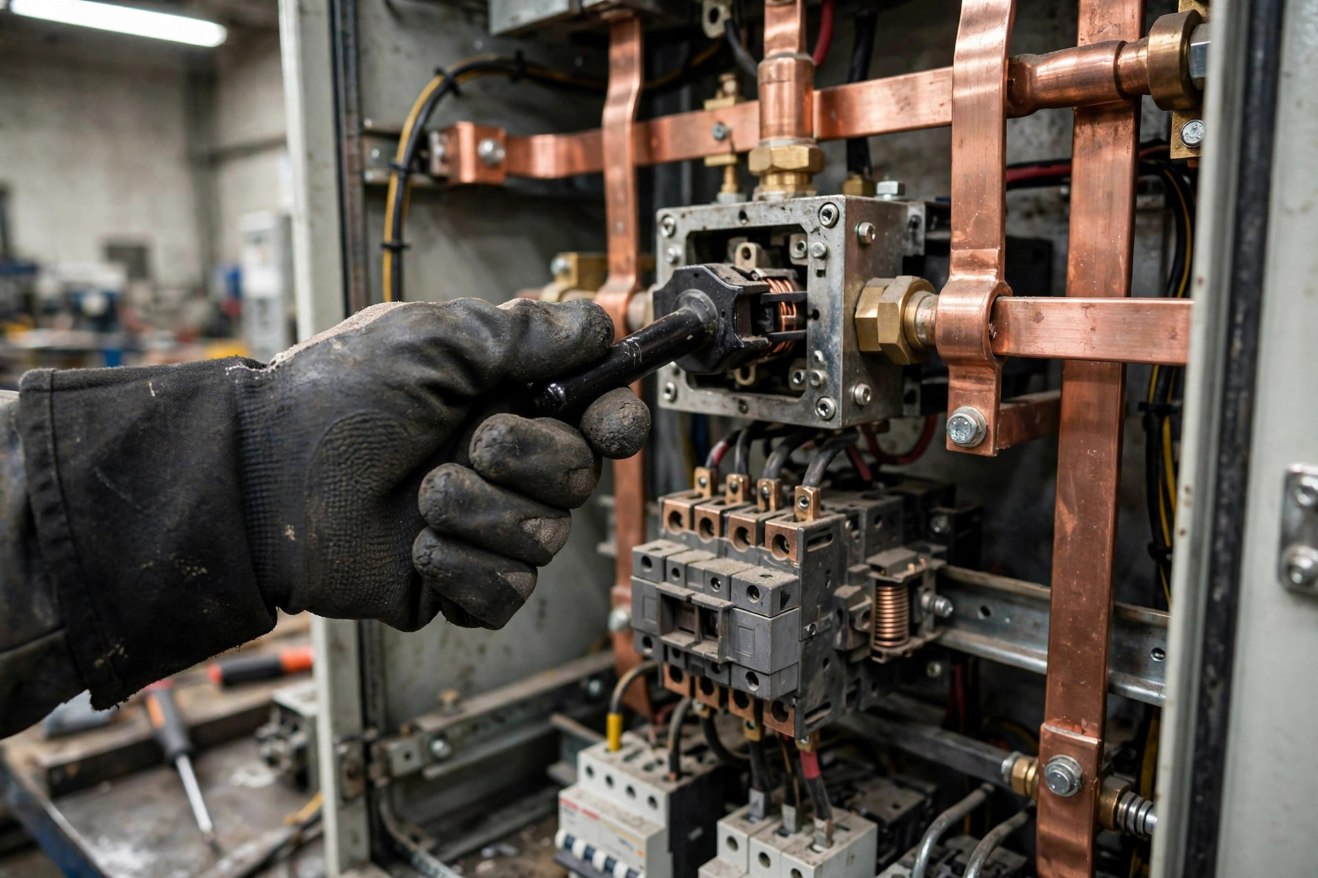 A technician's gloved hand operating the manual transfer handle on an open transfer switch