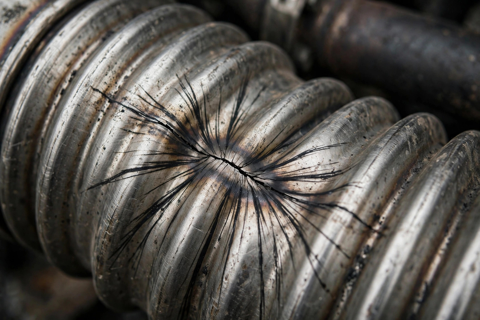 Cracked exhaust bellows convolutions with black soot streaks marking the leak
