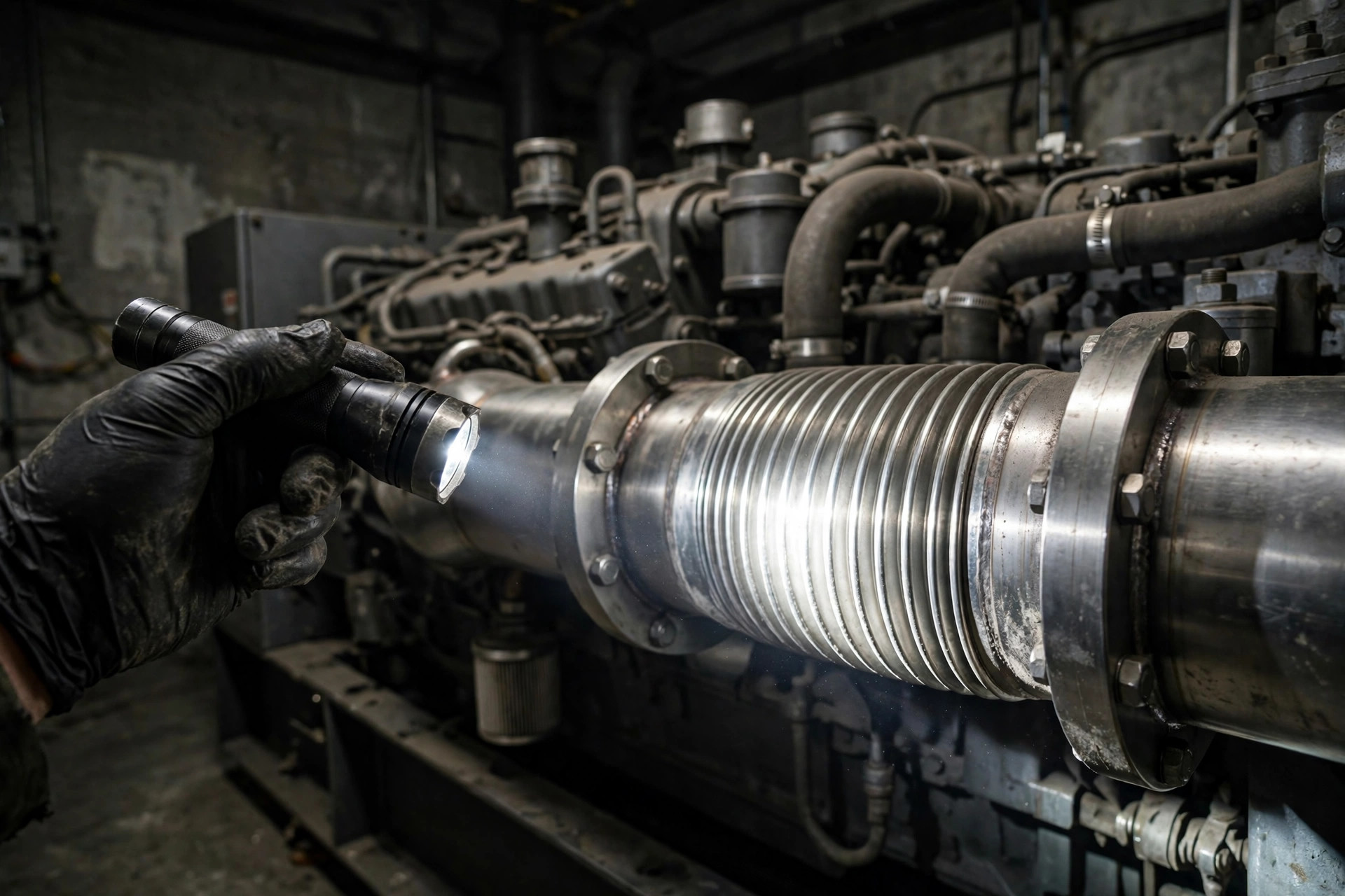 Technician inspecting a diesel generator exhaust flex joint with a flashlight