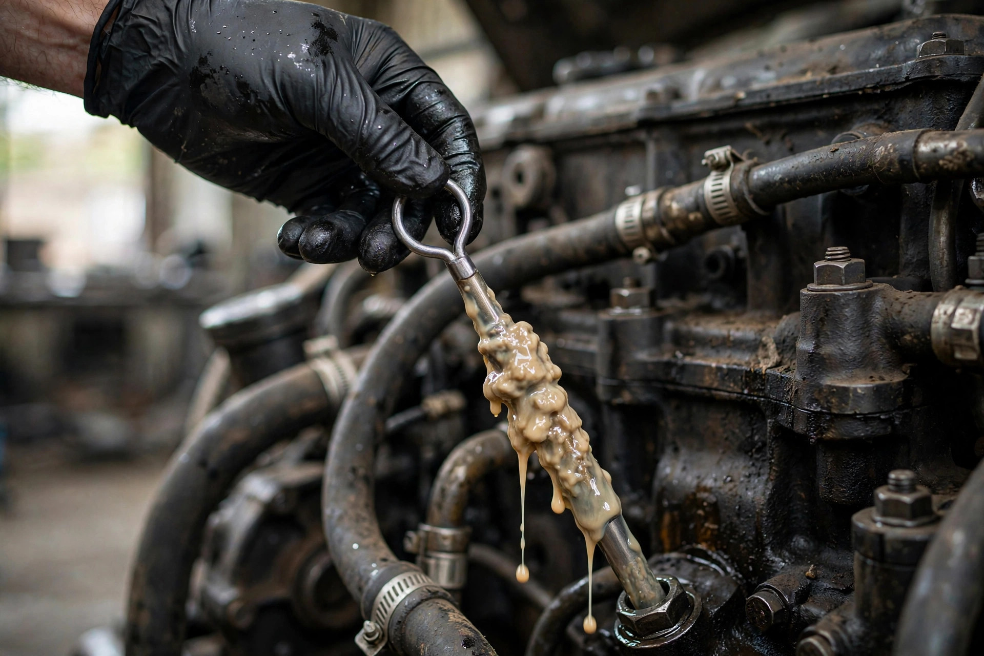 Technician pulling an engine oil dipstick showing milky brown coolant-contaminated oil