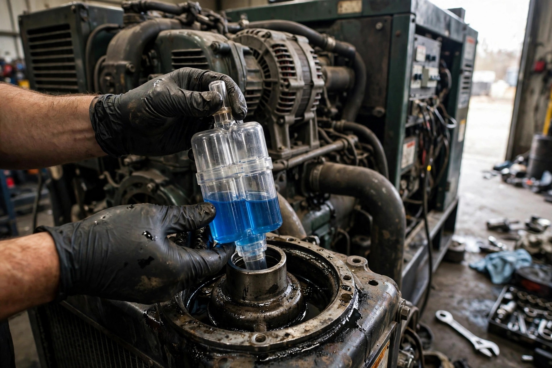 Technician using a combustion gas block tester on a diesel generator radiator filler neck