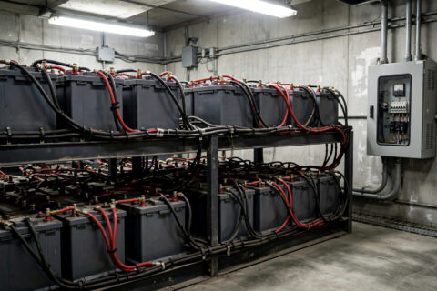 Rows of lead-acid batteries with red and black cables in a concrete generator battery room with a wall-mounted charger cabinet