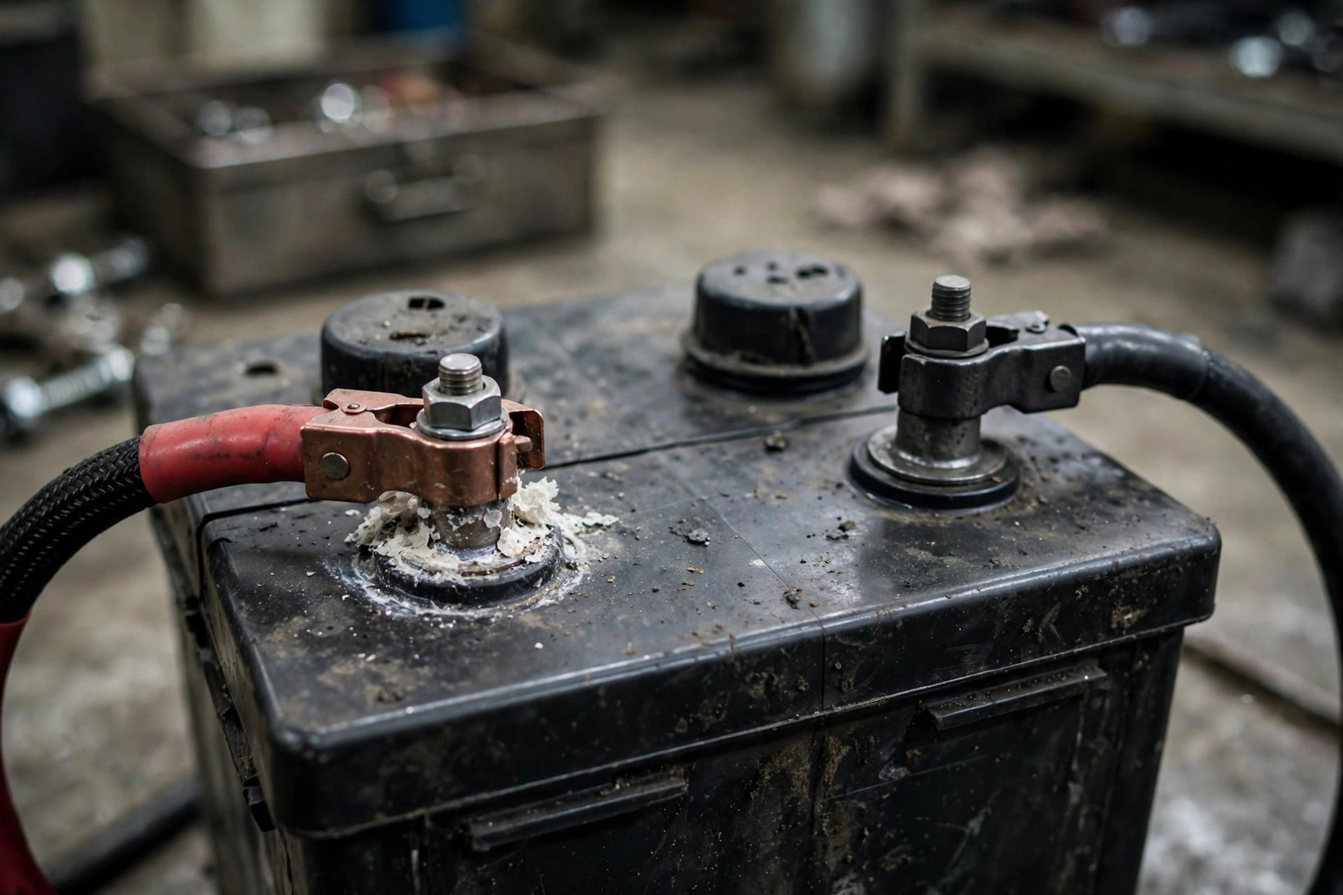 Close-up of lead-acid battery tops with vent caps and corroded terminals — every vent cap is a tiny chimney when the charger works the cells hard