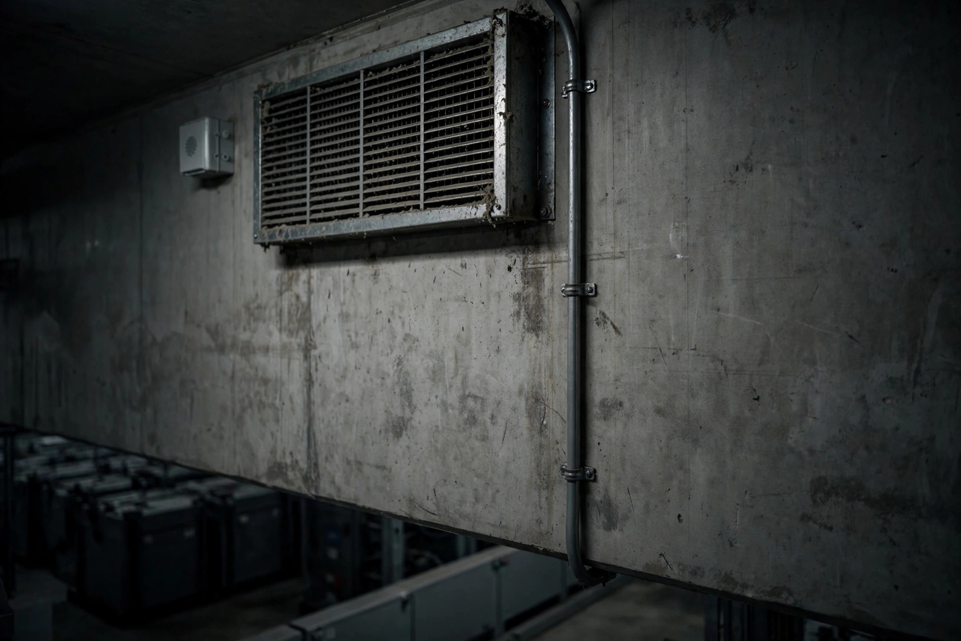 Ventilation grille mounted near the ceiling of a battery room with a detector box beside it — hydrogen rises, so vents and detectors belong high