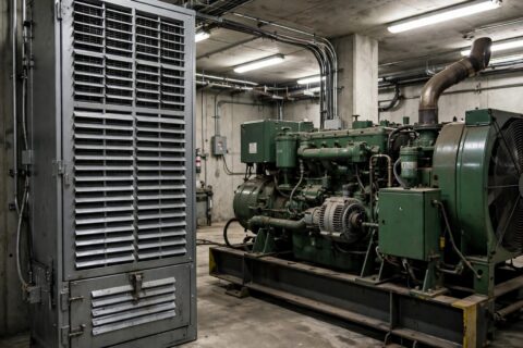 A steel neutral grounding resistor cabinet with ventilation louvers standing beside an industrial diesel generator skid in a generator room