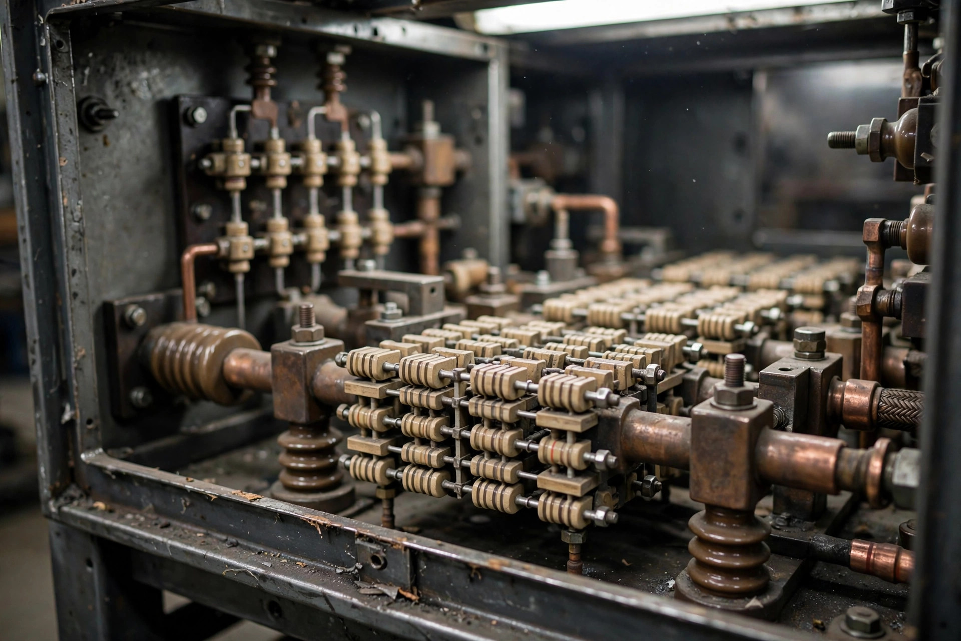 Close-up of ceramic resistor grid elements inside an open NGR enclosure — the let-through current is set here, usually five to ten amps