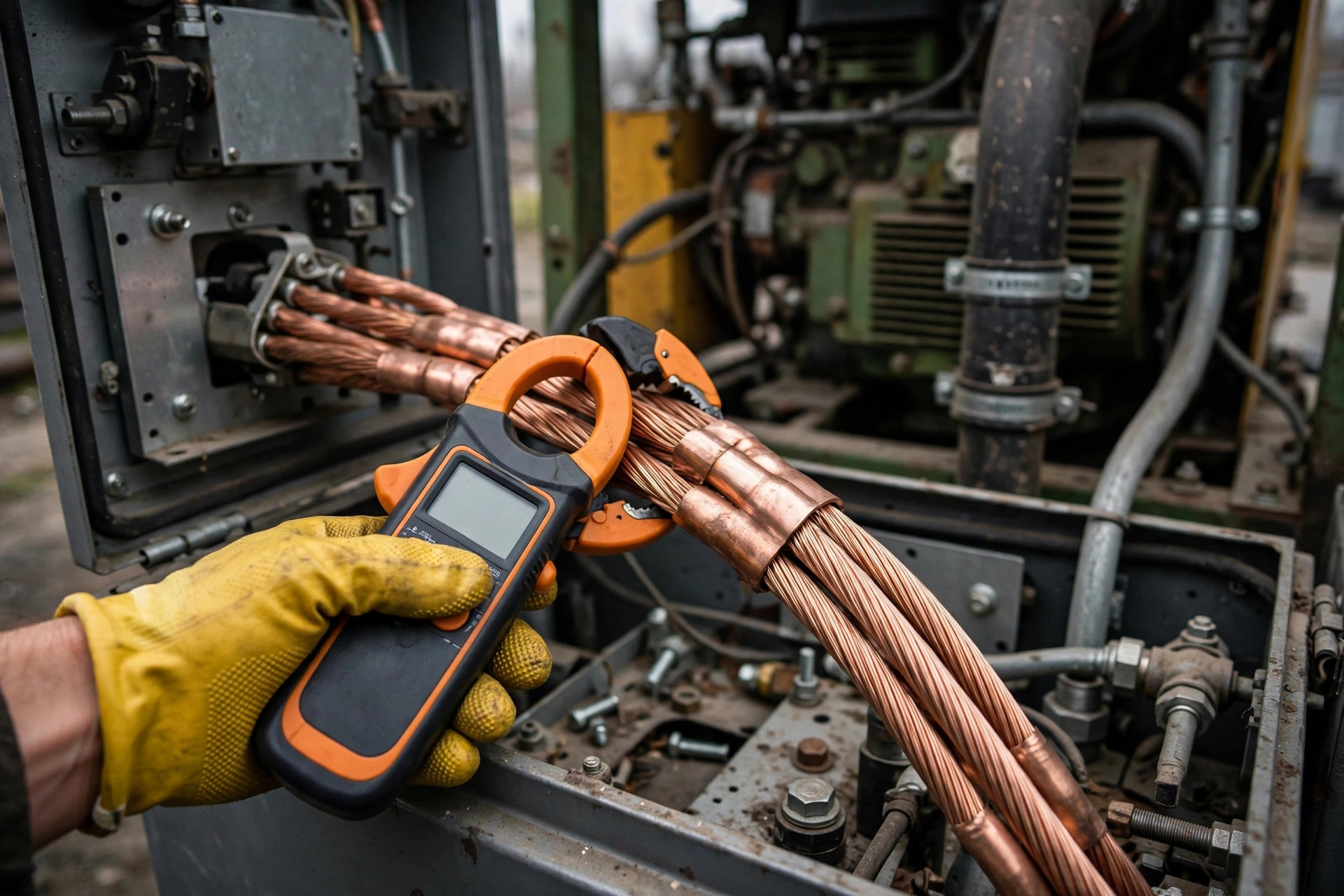 Electrician's gloved hand checking the generator neutral terminal box wiring with a clamp meter — the single-point ground connection lives here
