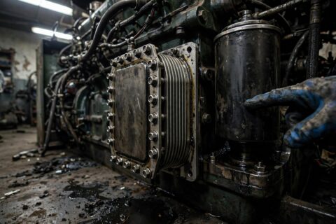 Plate-type lube oil cooler mounted beside the oil filter on a diesel generator engine, with a technician's gloved hand pointing at it