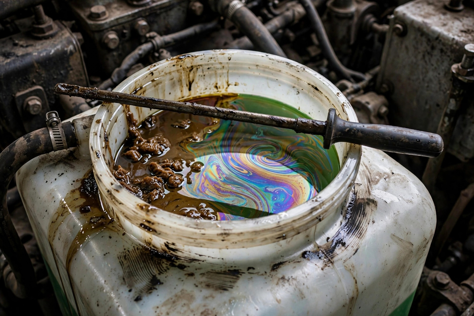 Brown oily sludge and oil film floating on coolant inside a diesel generator expansion tank