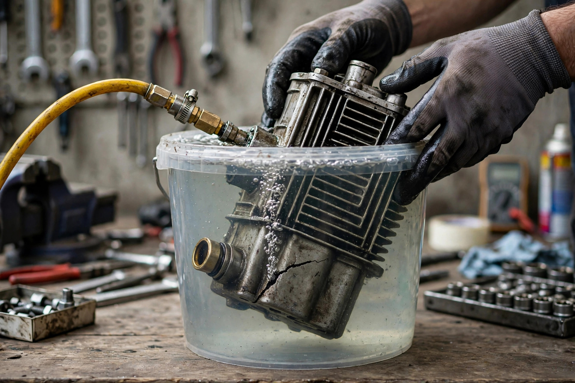 Technician pressure-testing a removed diesel generator oil cooler in a bucket of water, air bubbles rising from a crack