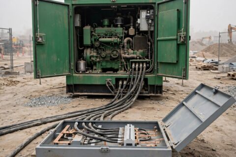 Green canopy diesel generator on a construction site with cables running to an open distribution board