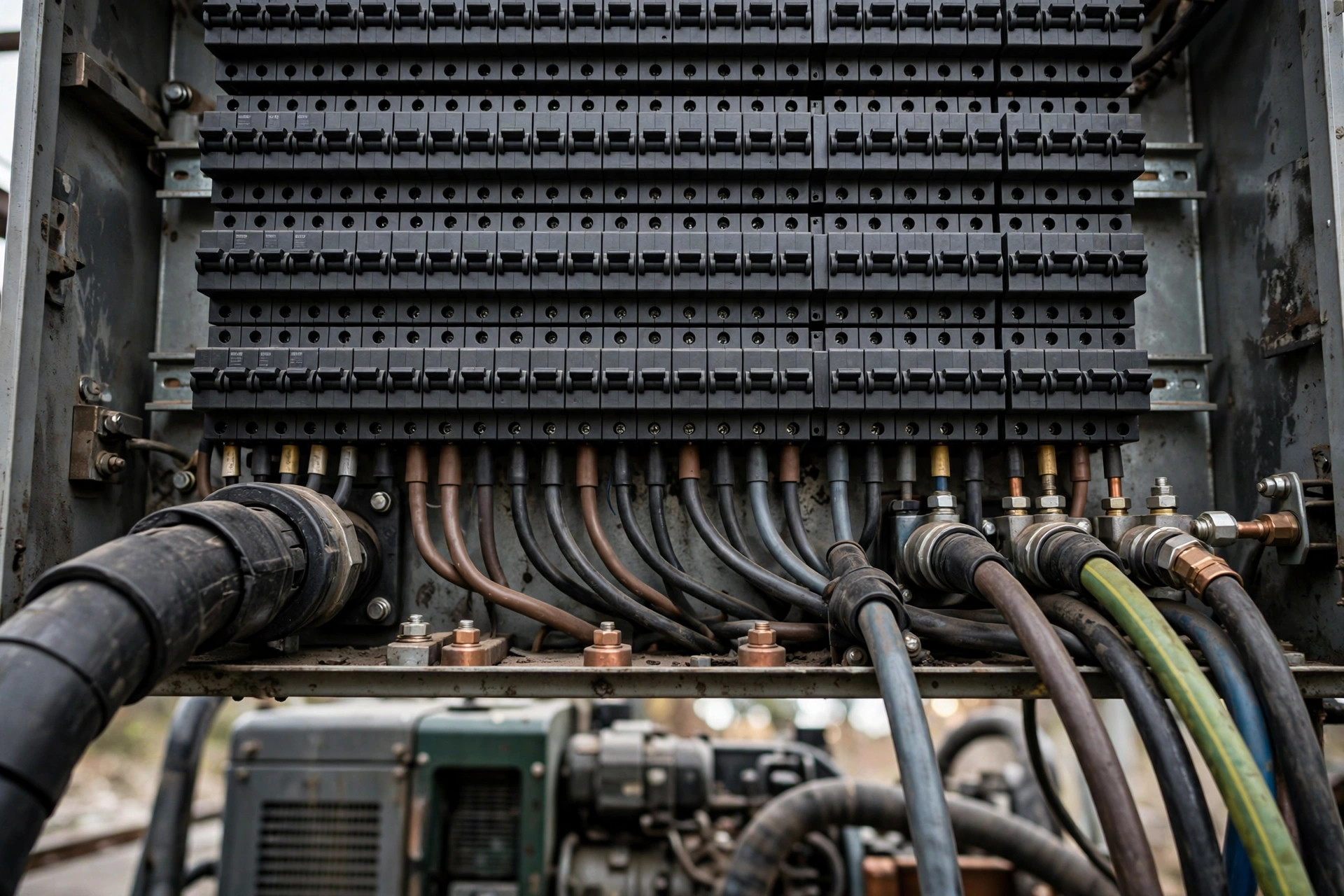 Three-phase circuit breakers and cable connections inside a generator distribution panel
