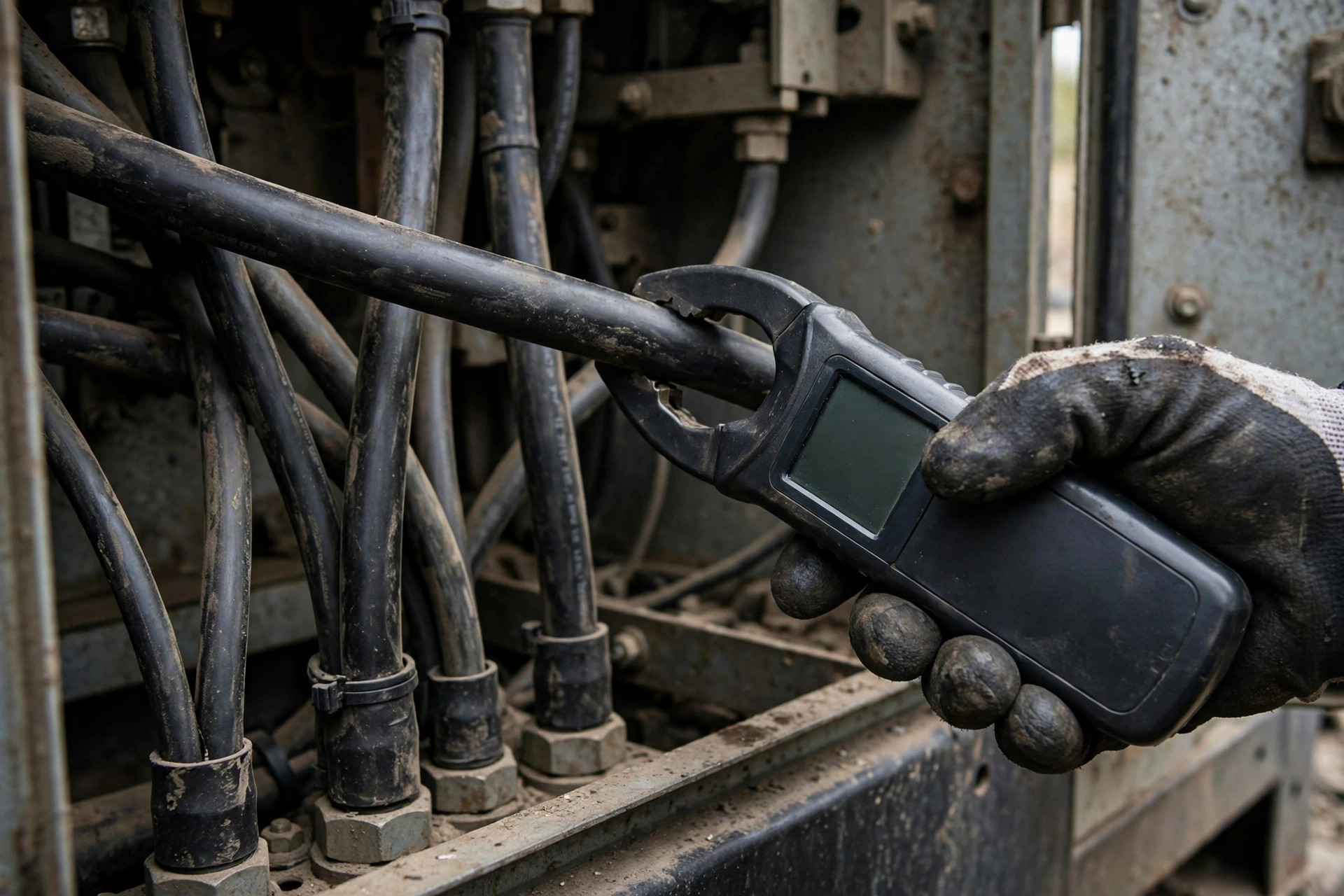 Technician measuring generator cable current with a clamp meter