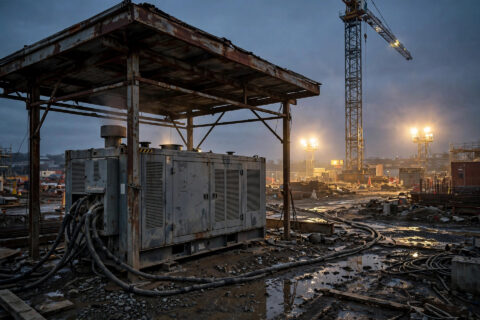 Containerized diesel generator set powering a tower crane on a construction site at dusk