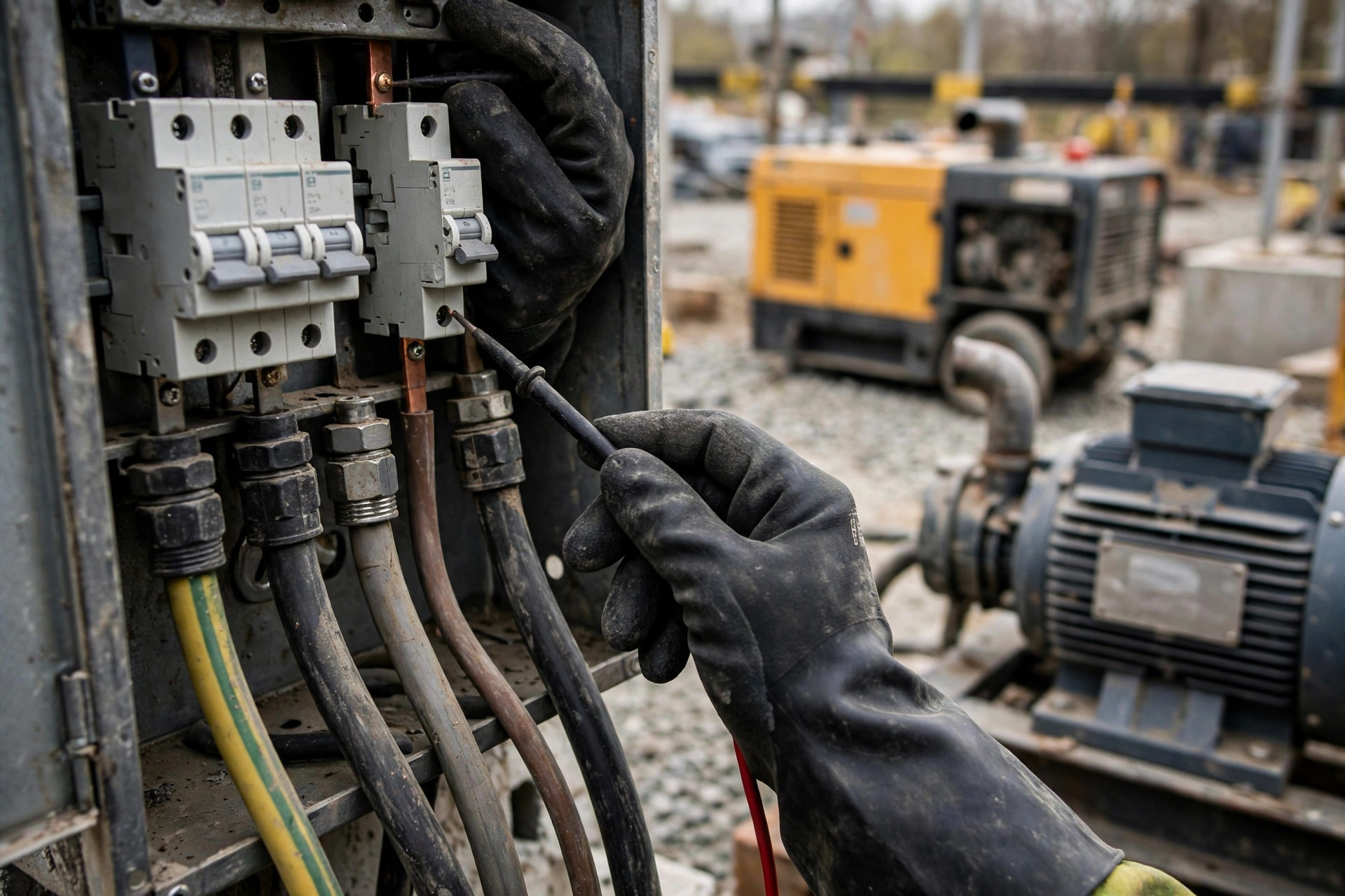 Electrician checking motor nameplates and distribution boards connected to a site diesel generator