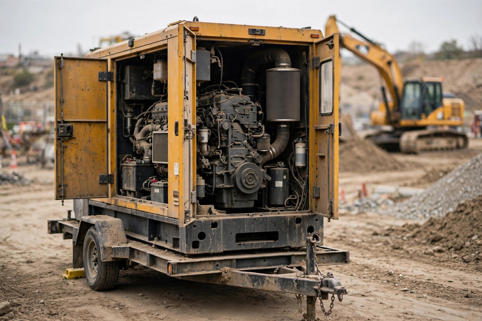 Towable mobile diesel generator with canopy doors open on a dusty construction site