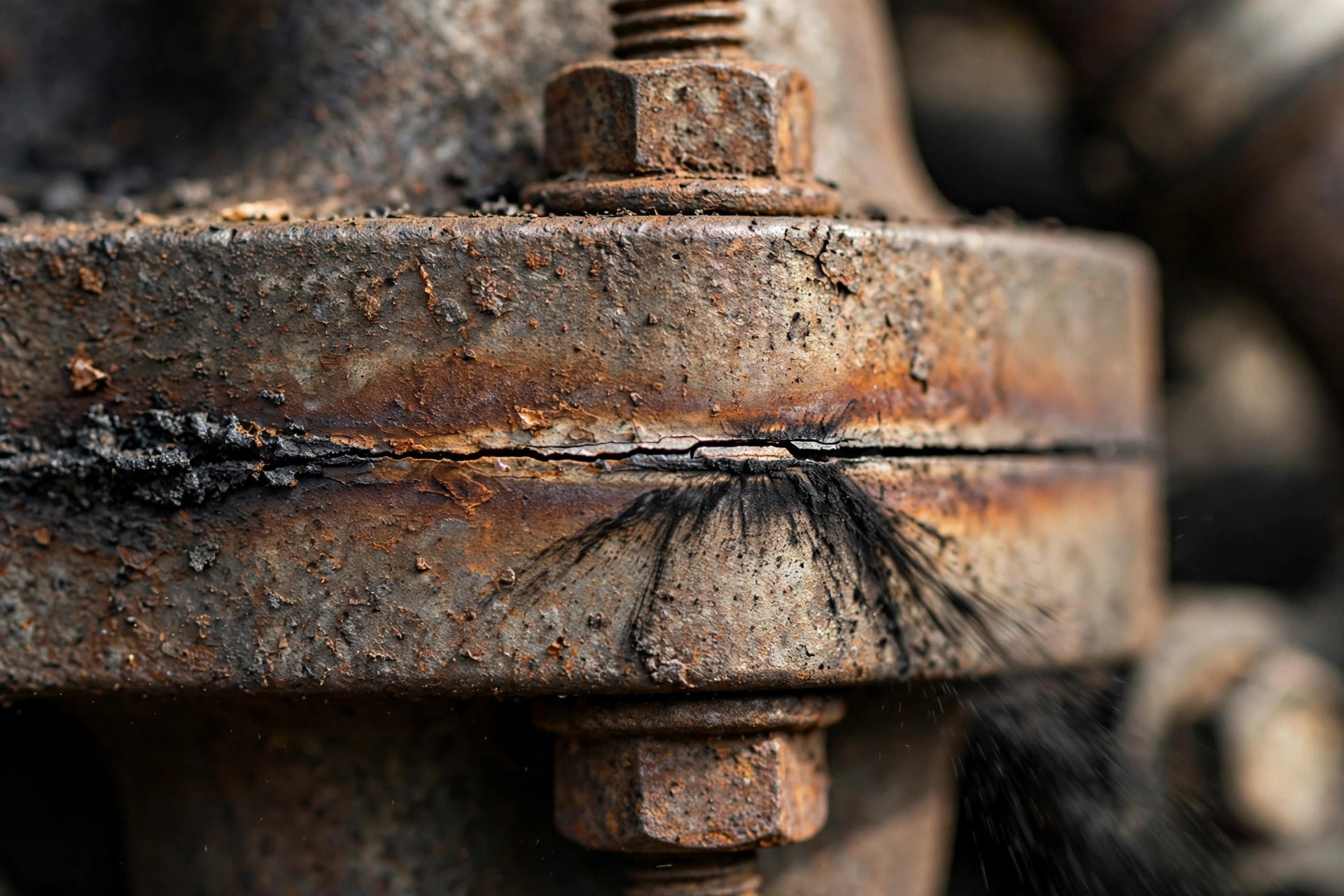 A cracked exhaust flange joint on a diesel generator with black soot streaks fanning out from the leak — soot is the crack's confession