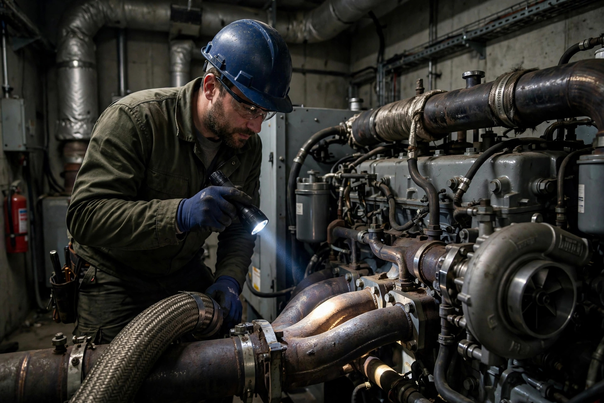 A technician using a flashlight to inspect a diesel generator exhaust manifold during a cold-engine check