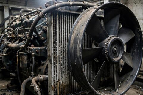 A maintenance technician checking the cooling fan on an industrial diesel generator
