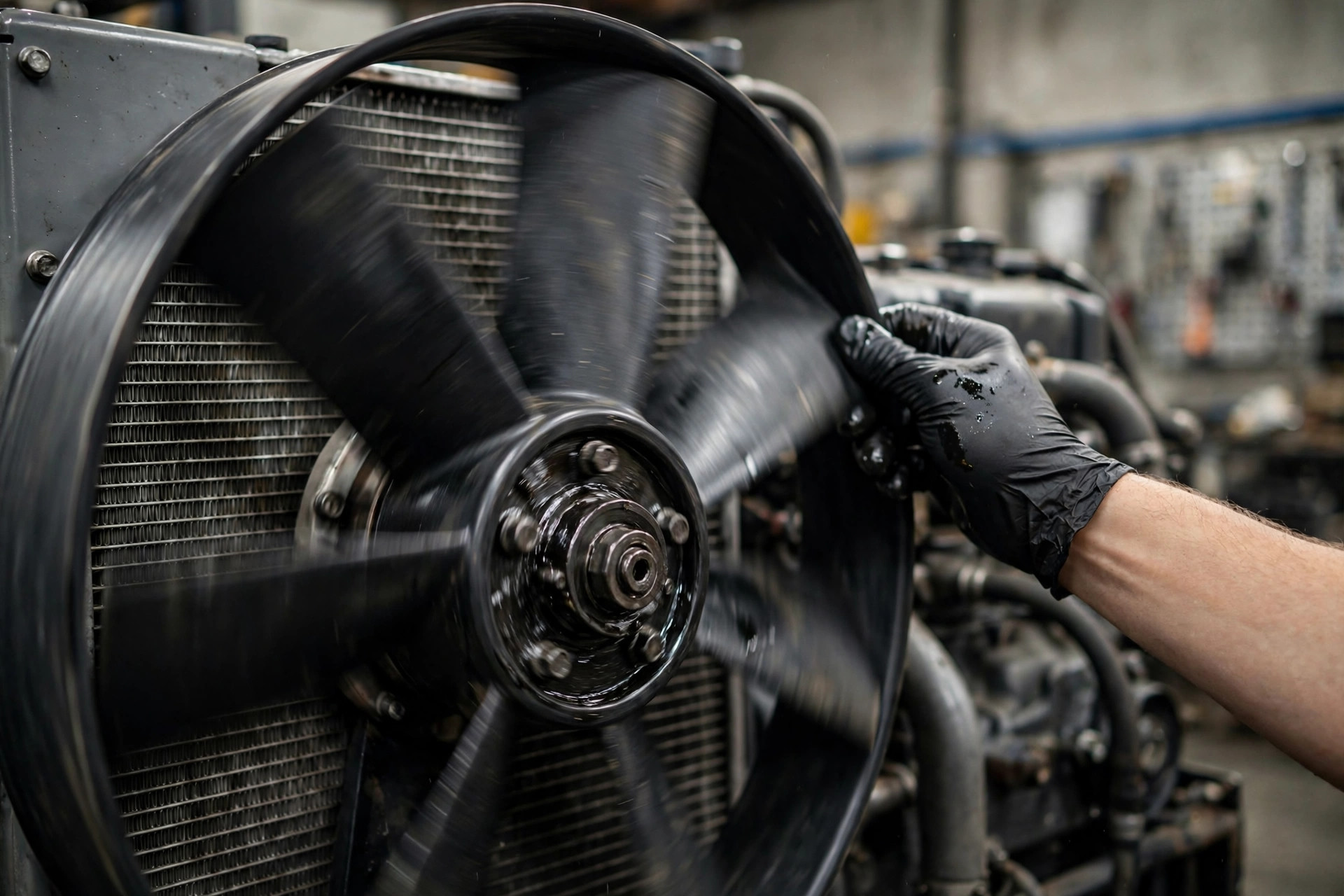 A technician's gloved hand spinning the cooling fan blades by hand to check the viscous fan clutch on a diesel generator