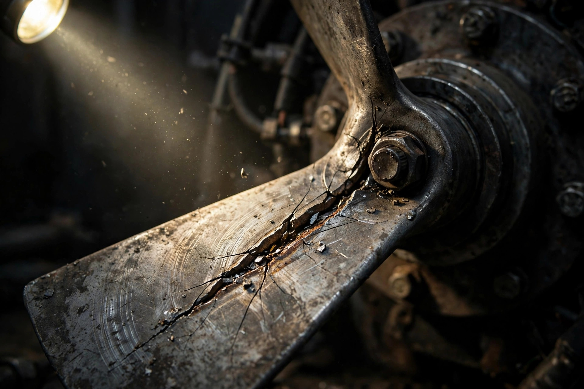 A technician shining a flashlight on a diesel generator fan blade root to check for fatigue cracks