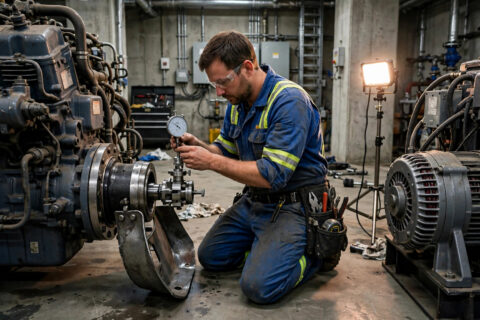Field technician checking coupling alignment between a diesel engine and alternator with a dial indicator in a generator room