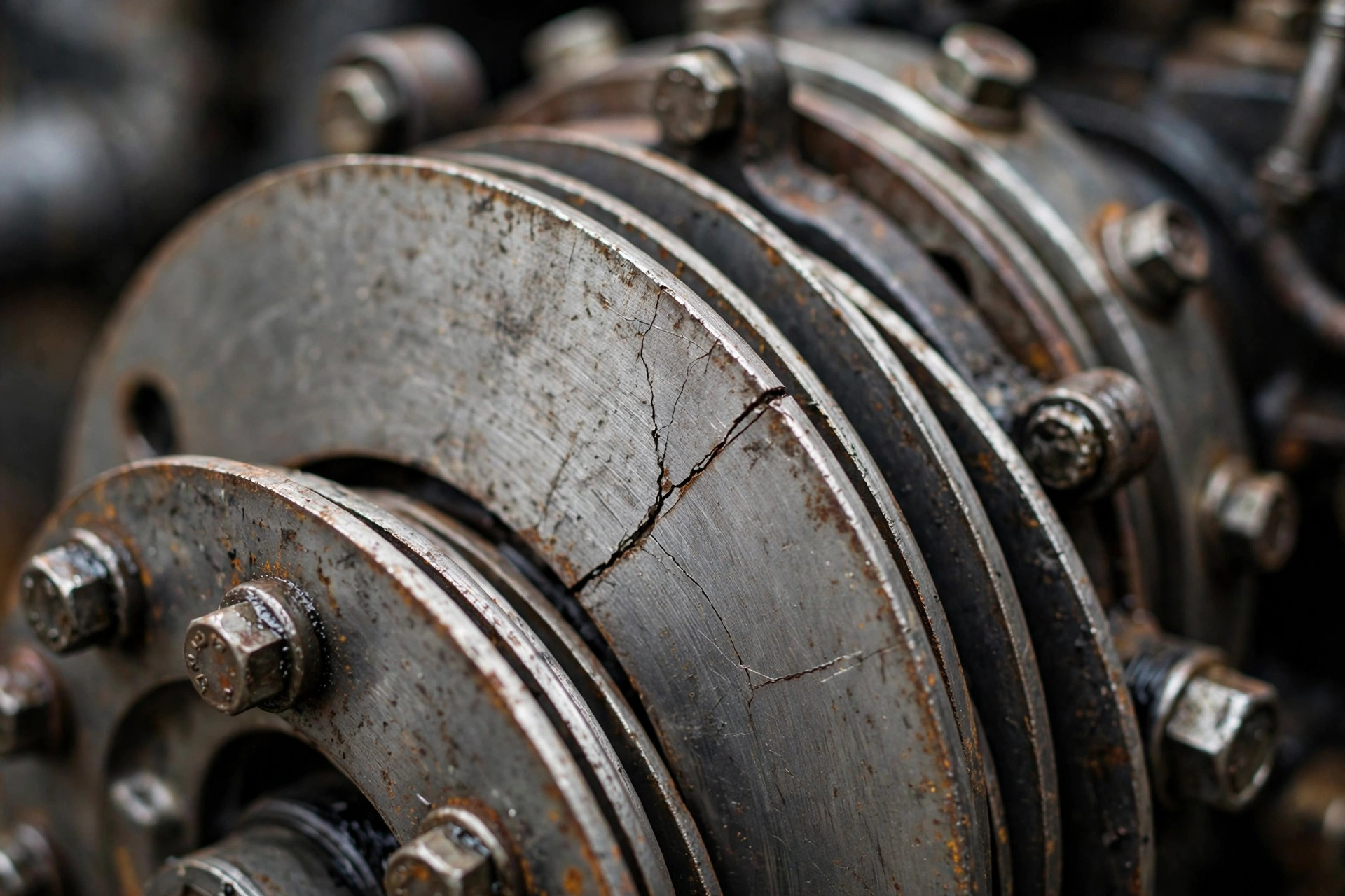 Close-up of cracked flexible drive discs on a diesel generator coupling — the fatigue crack most vibration complaints miss