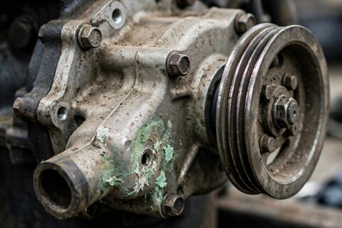 Coolant water pump housing with pulley on a diesel generator engine, green coolant crust stains around the weep hole area