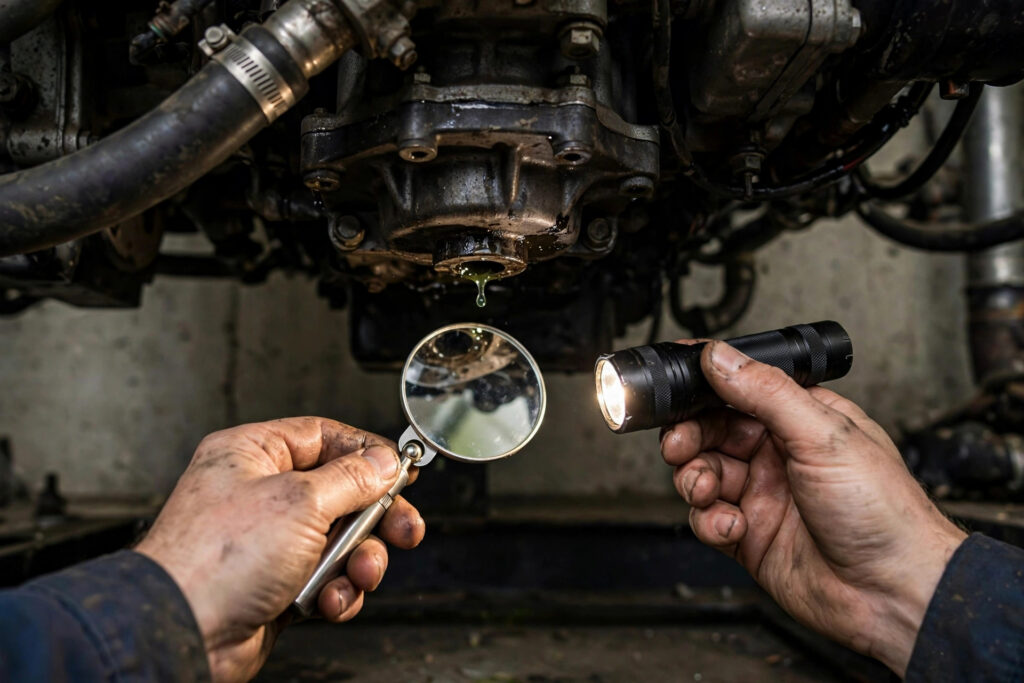 Technician holding an inspection mirror and flashlight to check the weep hole under a diesel generator water pump — the thirty-second check that finds a dying seal