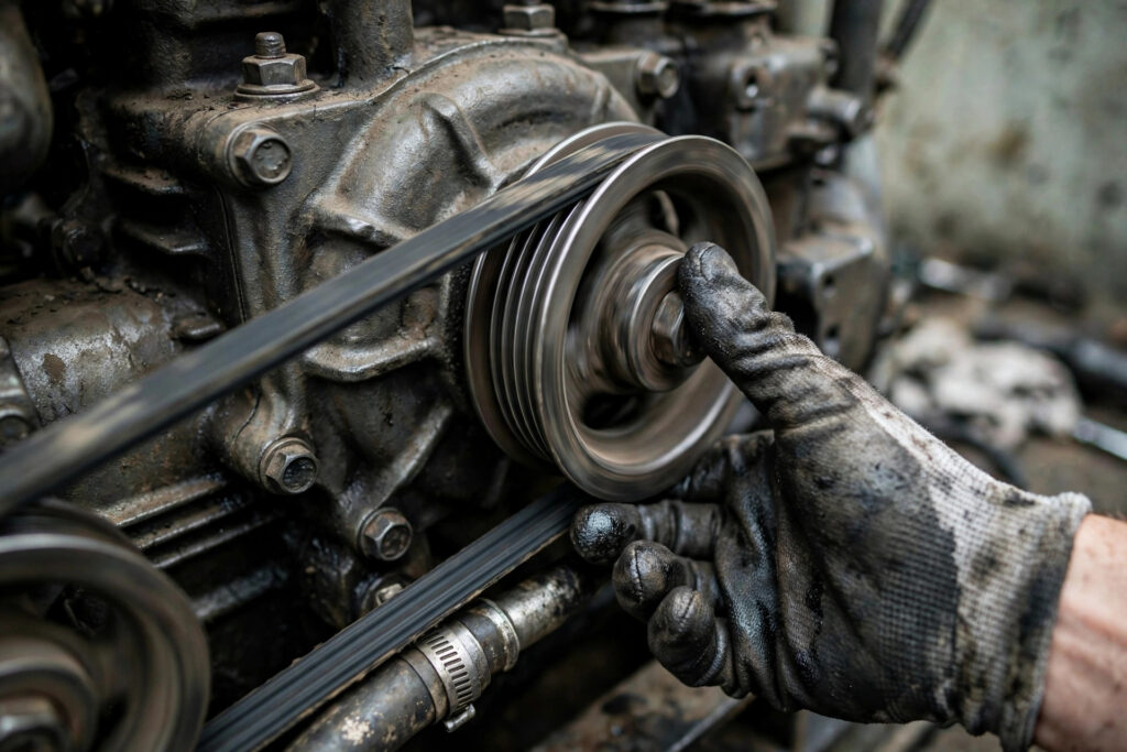 Close-up of a water pump pulley being rocked by hand to feel for bearing play — any movement you can feel is too much