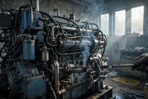 Diesel generator engine with the dipstick tube puffing faint oil vapor in rhythm — the visible sign of crankcase blowby a field engineer never ignores