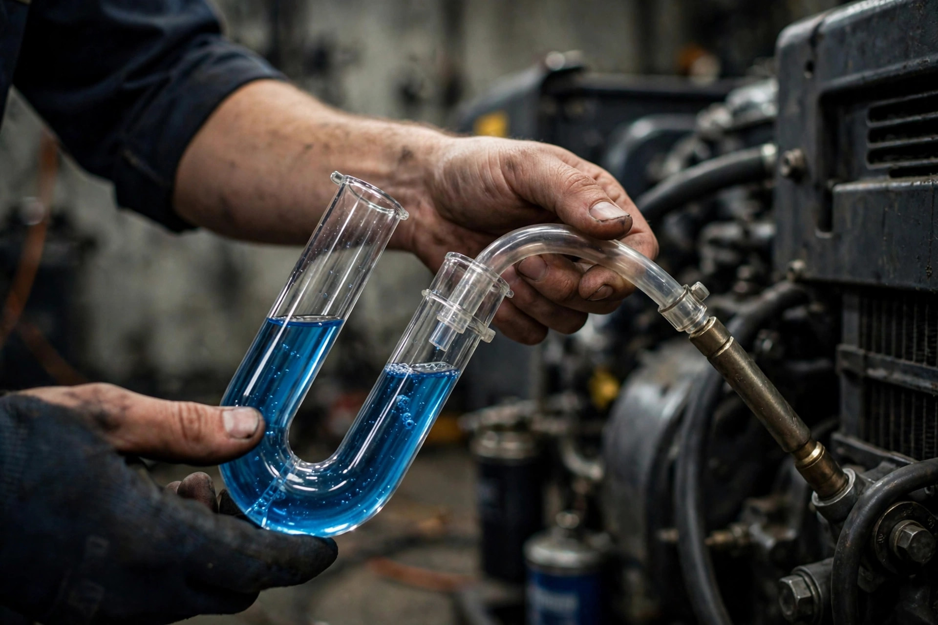 Technician reading a water manometer connected to a diesel generator's dipstick tube &mdash; measuring crankcase pressure in inches of water