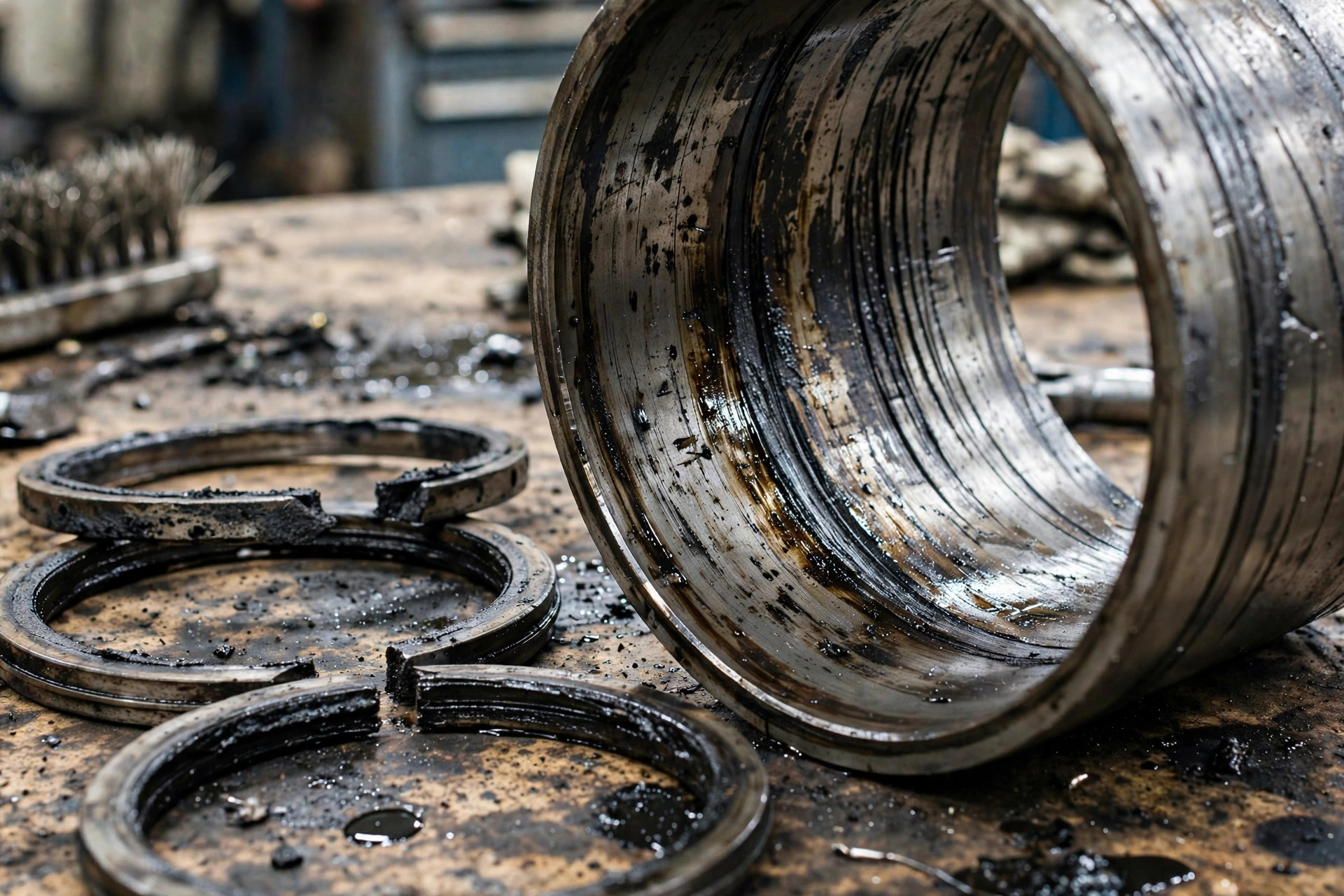 Close-up of worn piston rings and a glazed cylinder liner removed from a diesel generator engine during a top overhaul
