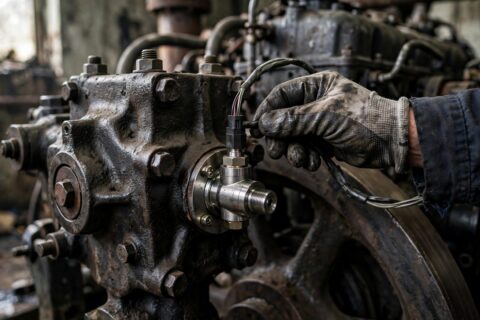 Magnetic pickup speed sensor threaded into the flywheel housing of a diesel generator engine, with a technician's gloved hand checking its wiring connector