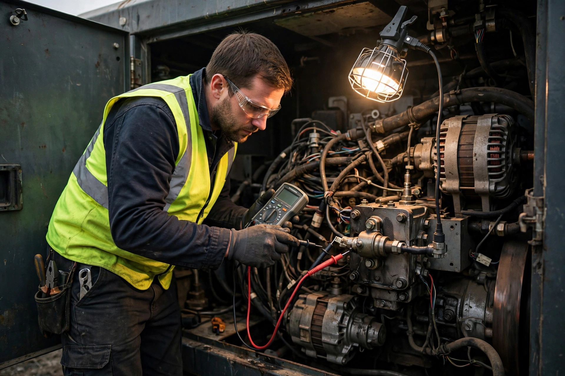 Technician measuring AC voltage output from a diesel generator magnetic pickup sensor with a multimeter while the engine cranks