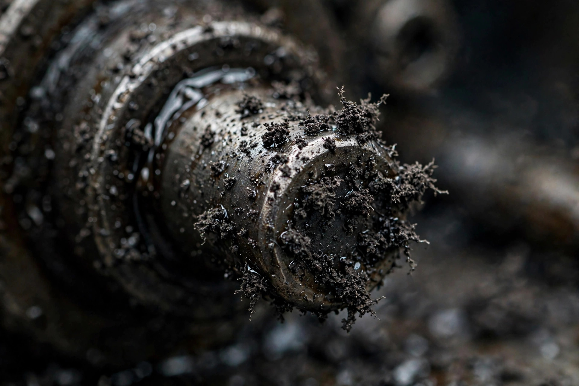Close-up of a magnetic pickup sensor tip coated in fine iron filings from the flywheel ring gear &mdash; the silent killer of the speed signal