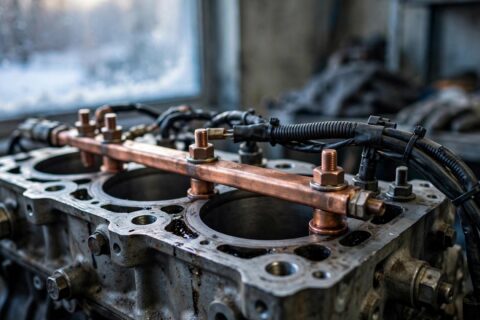 Copper glow plug bus bar on a diesel generator cylinder head in winter light — the preheat system nobody services until January