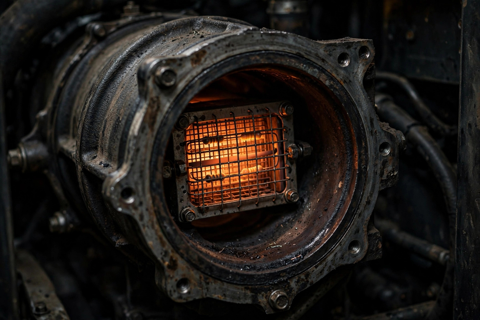 Intake manifold grid heater glowing orange during the preheat cycle on a diesel generator engine