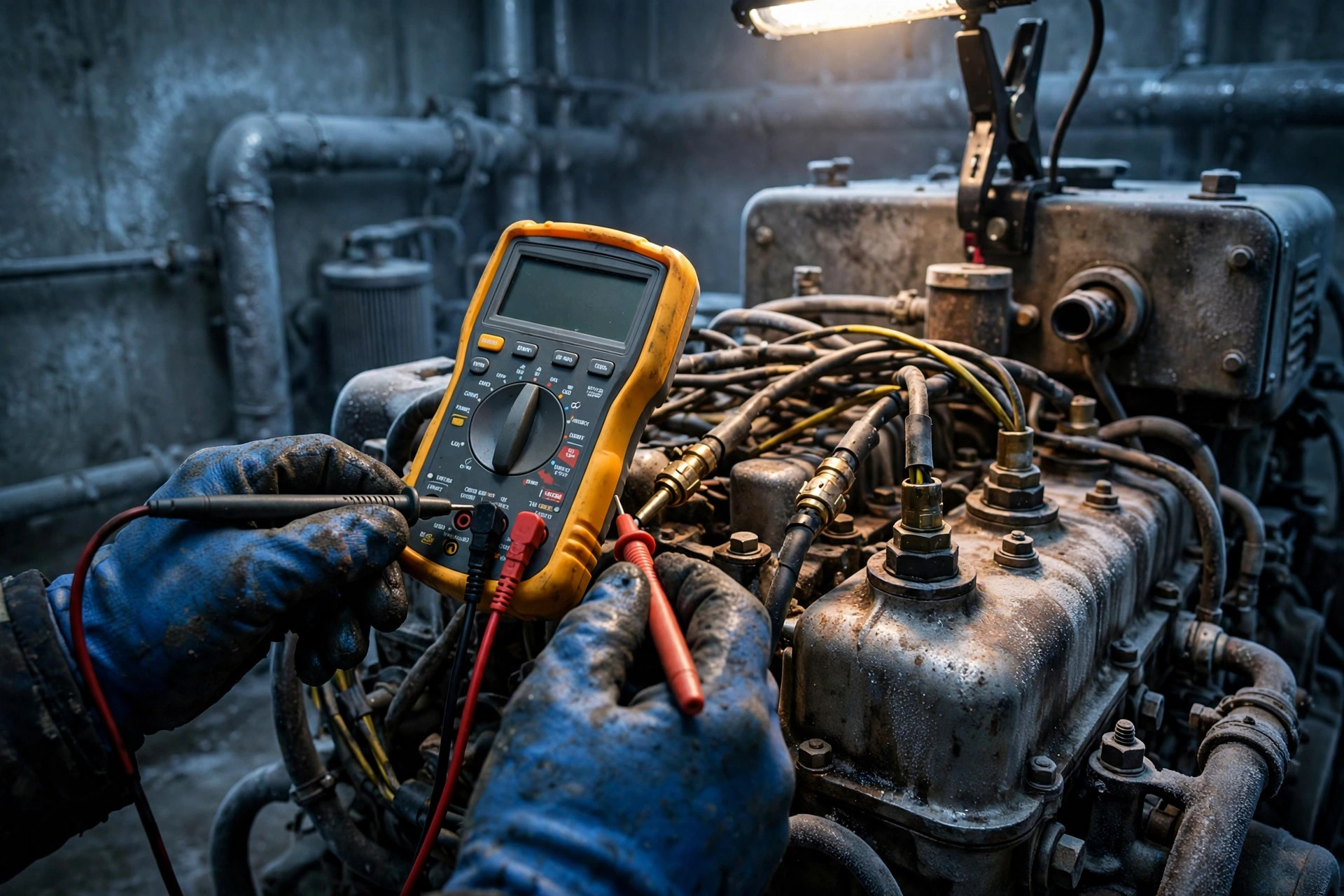 Technician checking glow plug wiring voltage with a multimeter on a diesel generator in a cold equipment room