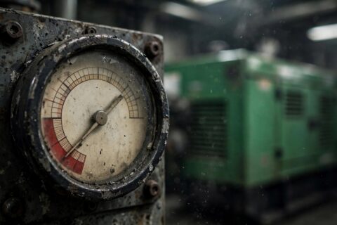 Weathered oil pressure gauge on a diesel generator control panel, needle near zero, green genset in background