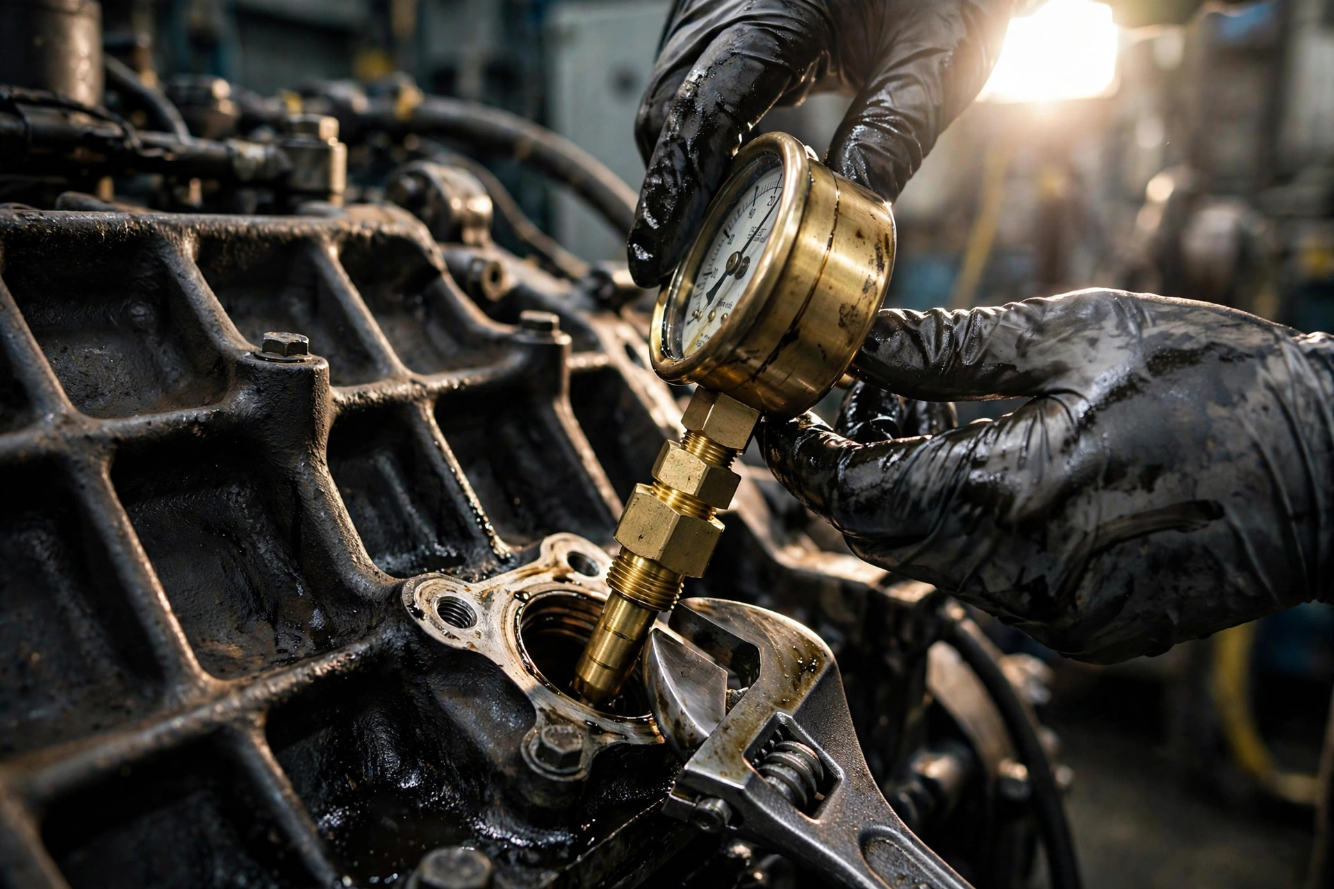 Technician gloved hands threading a brass mechanical oil pressure gauge into a diesel generator engine block for verification